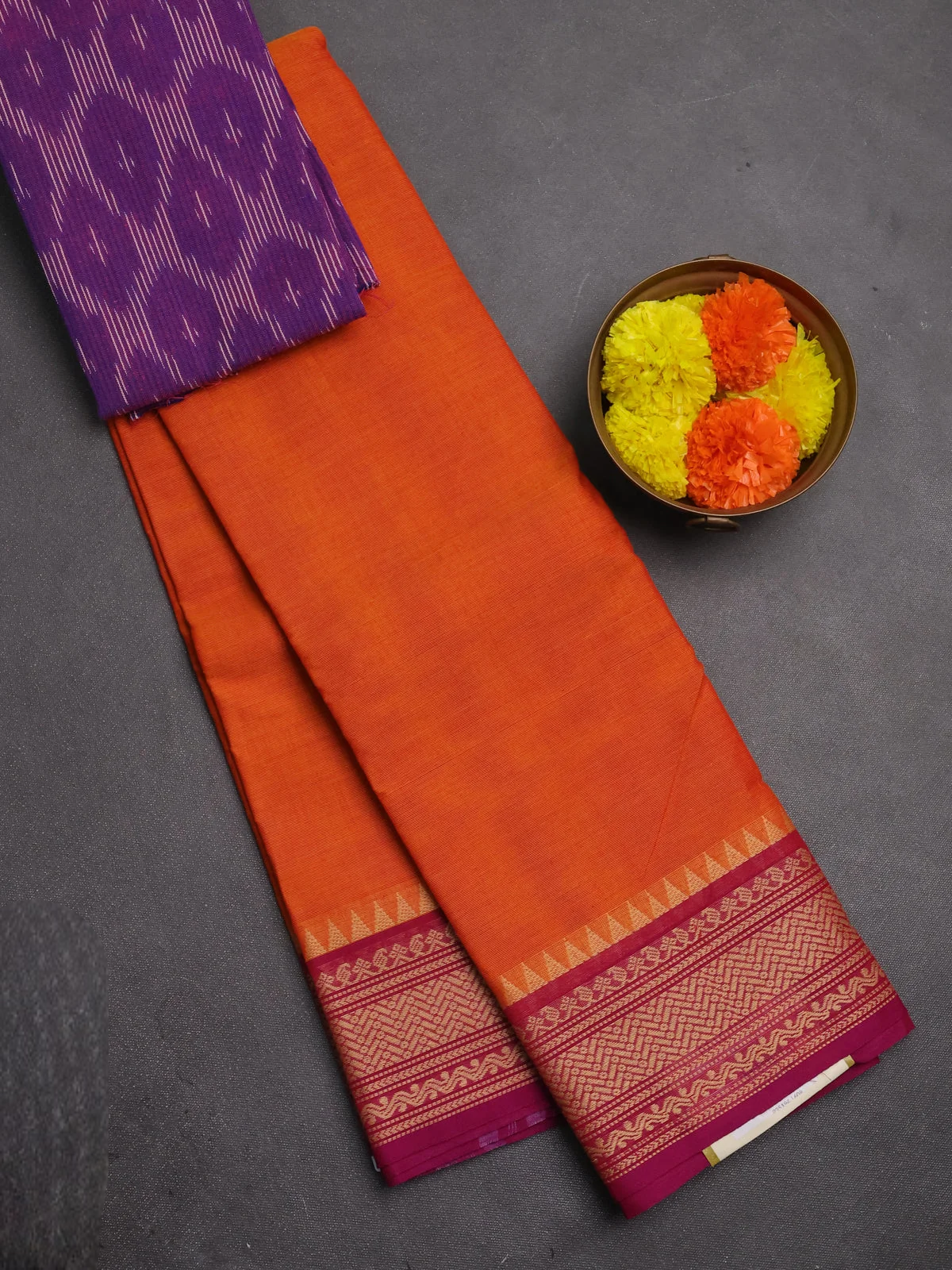 Chettinad Cotton Saree - Sunset Orange and Purple
